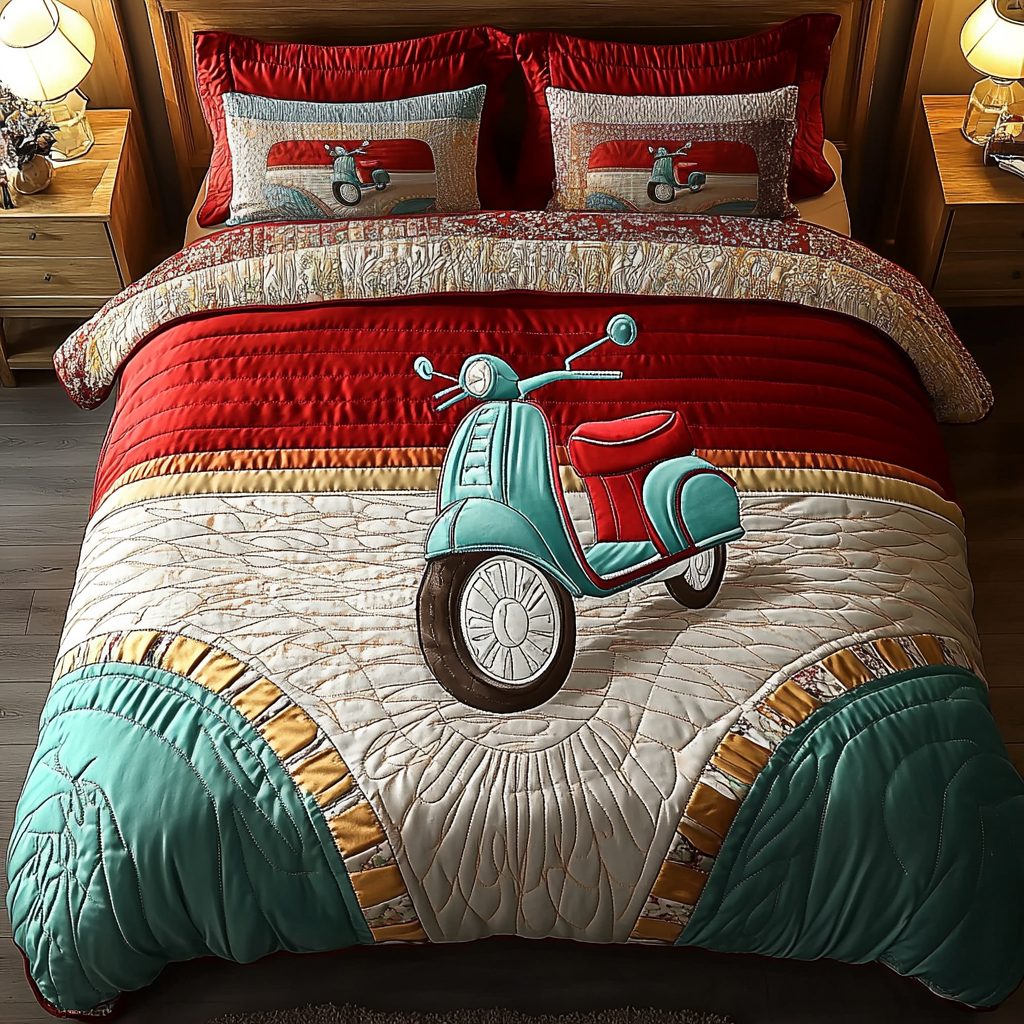 Fun Ride quilted 3-piece bedding set on a made bed with two matching pillow shams