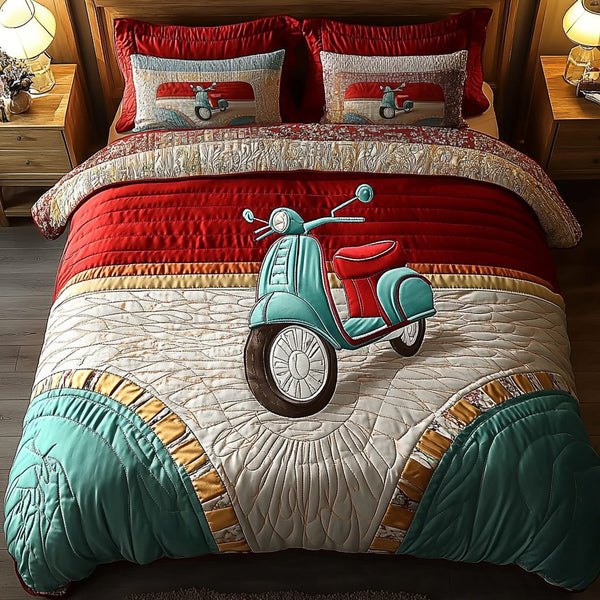Fun Ride quilted 3-piece bedding set on a made bed with two matching pillow shams