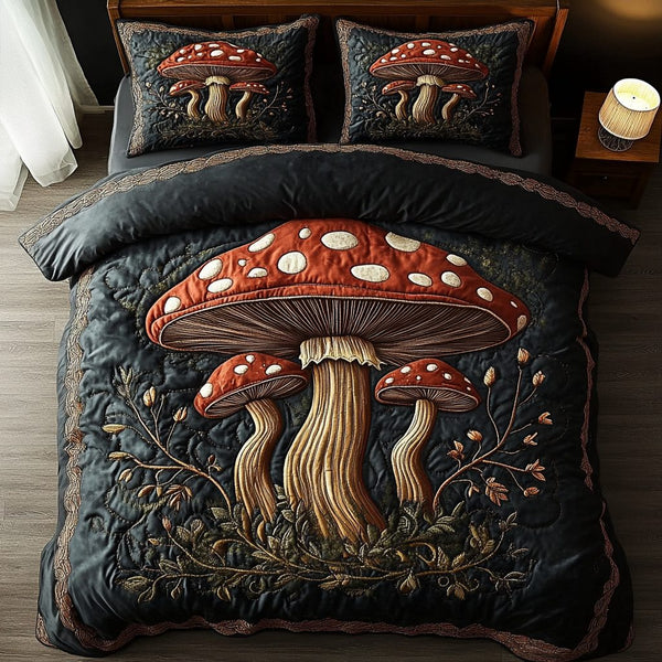 Fungal Fantasy quilted 3-piece bedding set on a made bed with two matching pillow shams