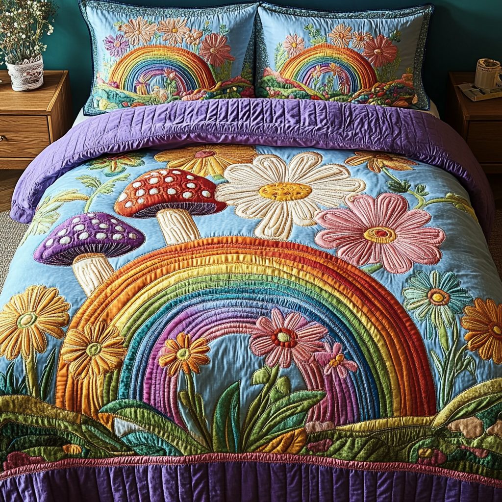 Fungi Bliss quilted 3-piece bedding set on a made bed with two matching pillow shams