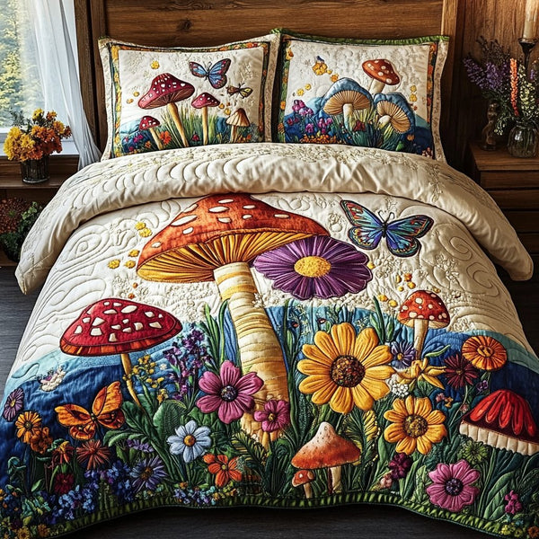 Fungi Dreams quilted 3-piece bedding set on a made bed with two matching pillow shams