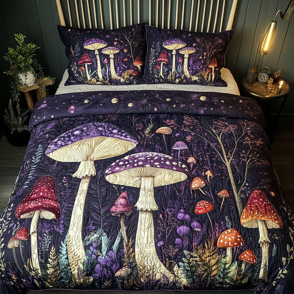 Fungi Forest quilted 3-piece bedding set on a made bed with two matching pillow shams