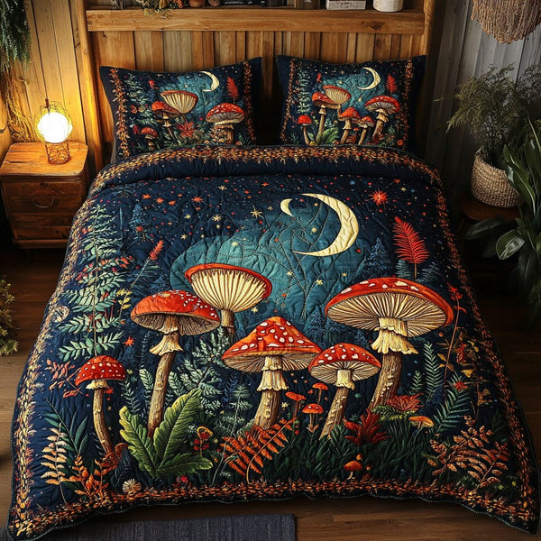 Fungi Forest quilted 3-piece bedding set on a made bed with two matching pillow shams