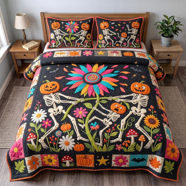 Funky Autumn quilted 3-piece bedding set on a made bed with two matching pillow shams