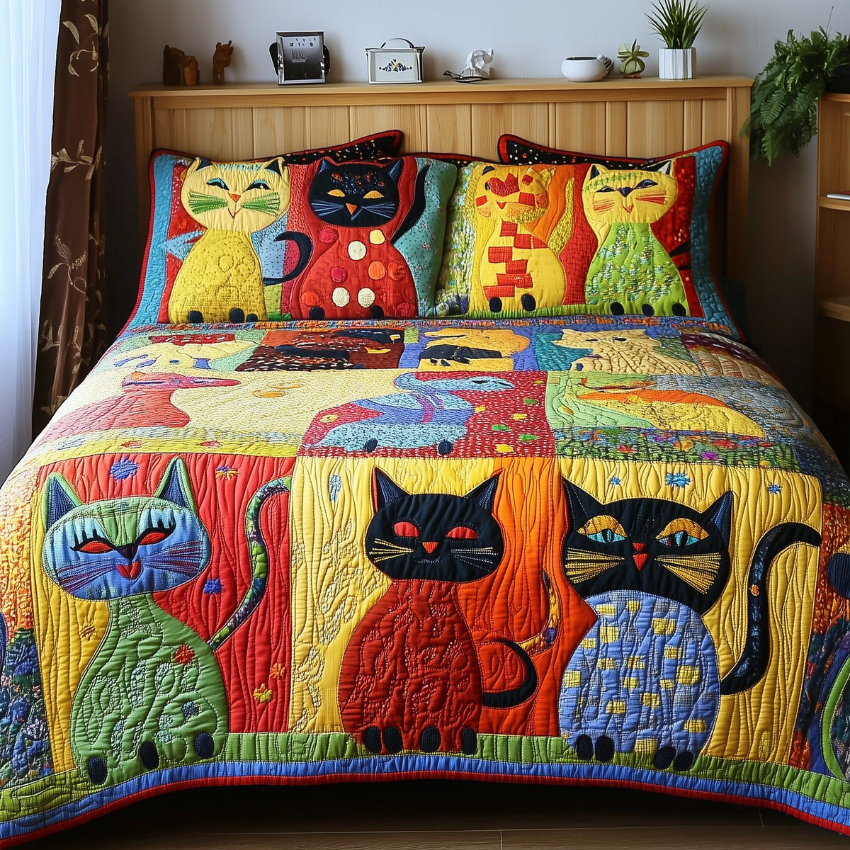 Funky Cats quilted 3-piece bedding set on a made bed with two matching pillow shams