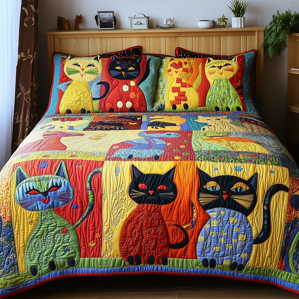 Funky Cats quilted 3-piece bedding set on a made bed with two matching pillow shams