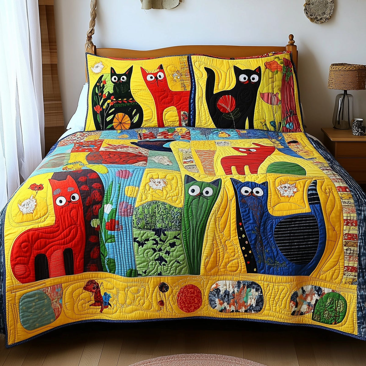 Funky Cats quilted 3-piece bedding set on a made bed with two matching pillow shams