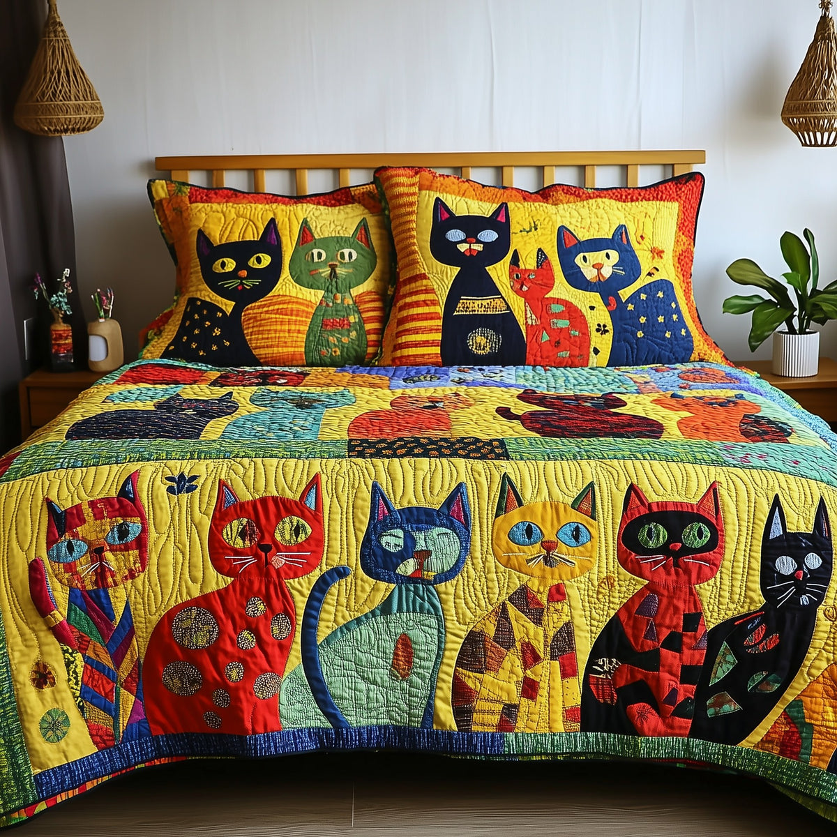 Funky Cats quilted 3-piece bedding set on a made bed with two matching pillow shams
