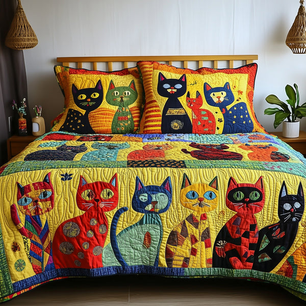 Funky Cats quilted 3-piece bedding set on a made bed with two matching pillow shams