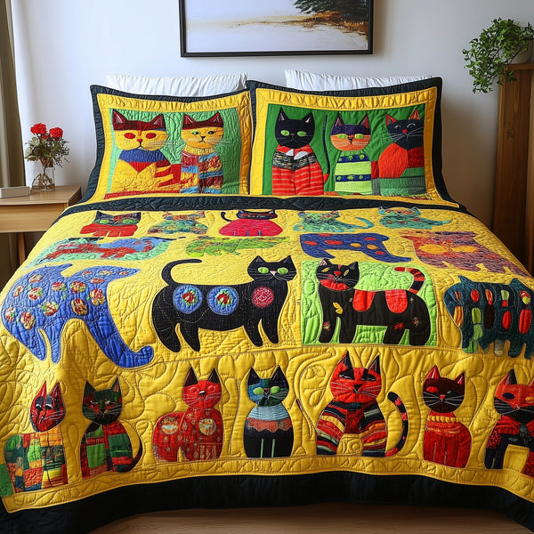 Funky Cats quilted 3-piece bedding set on a made bed with two matching pillow shams