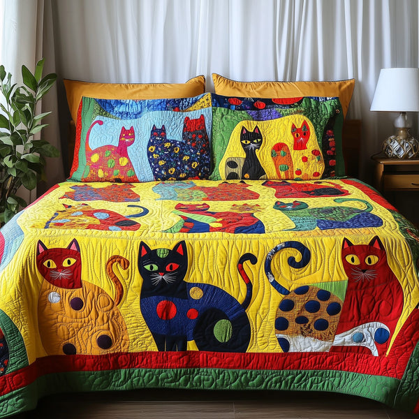 Funky Cats quilted 3-piece bedding set on a made bed with two matching pillow shams