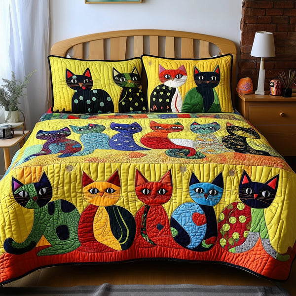 Funky Cats quilted 3-piece bedding set on a made bed with two matching pillow shams