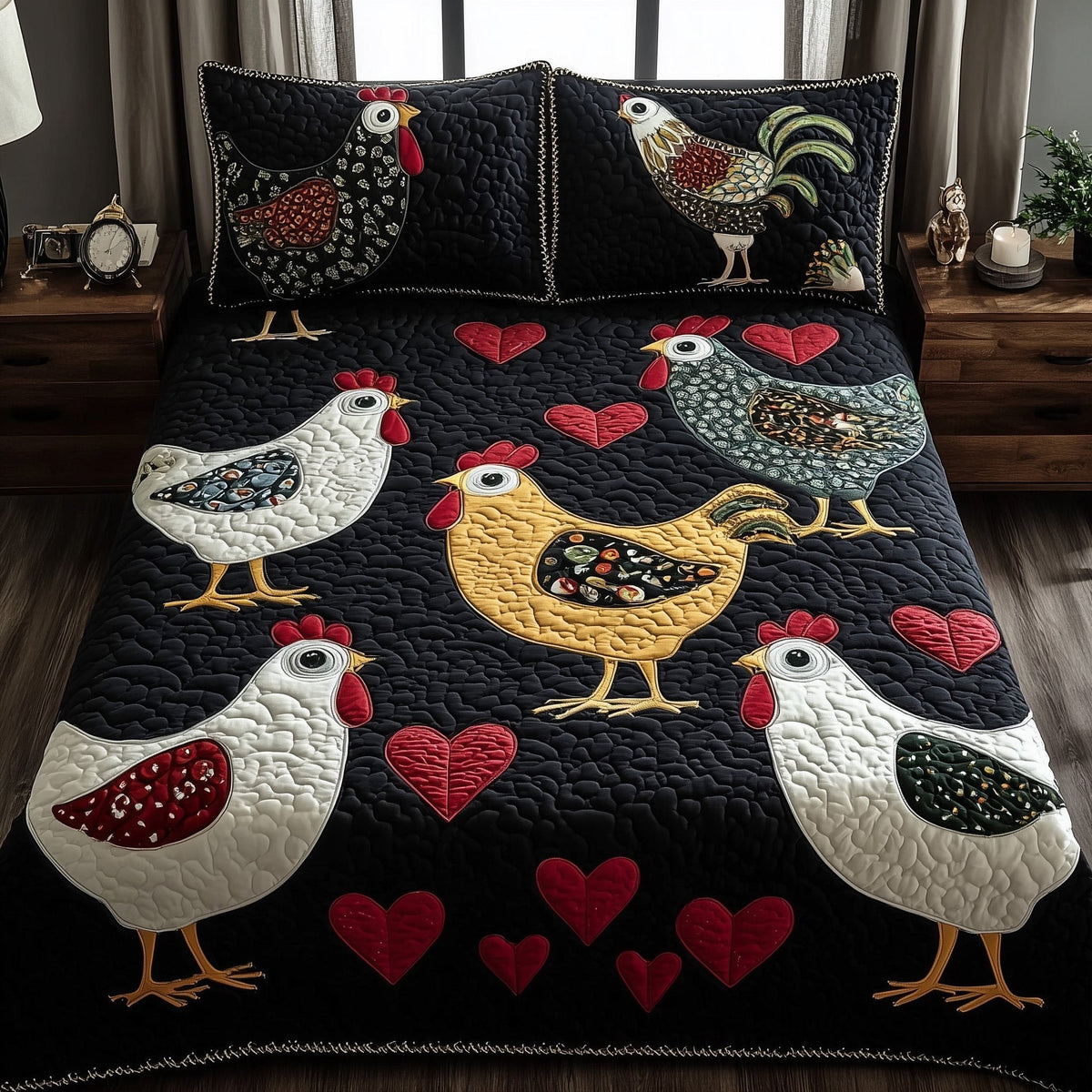 Funky Chicken quilted 3-piece bedding set on a made bed with two matching pillow shams