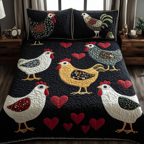 Funky Chicken quilted 3-piece bedding set on a made bed with two matching pillow shams
