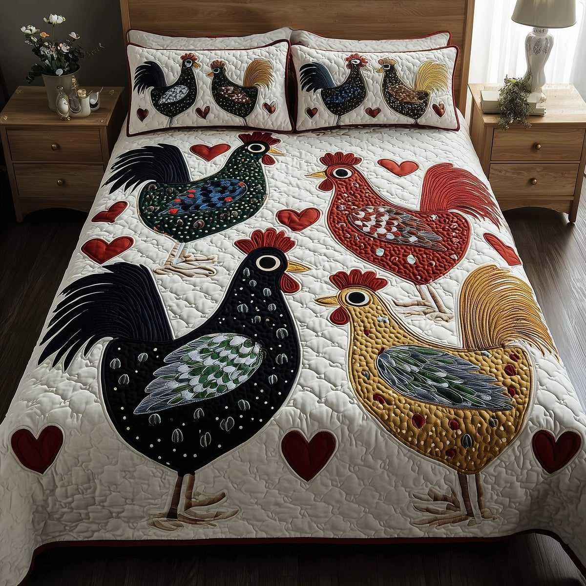 Funky Chicken quilted 3-piece bedding set on a made bed with two matching pillow shams