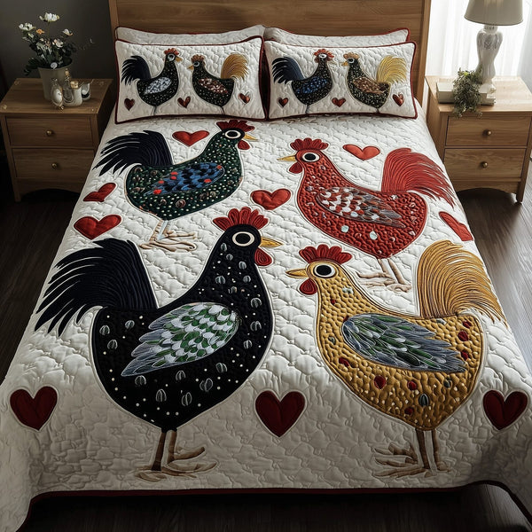 Funky Chicken quilted 3-piece bedding set on a made bed with two matching pillow shams