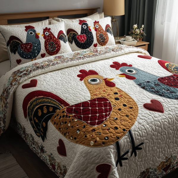 Funky Chicken quilted 3-piece bedding set on a made bed with two matching pillow shams