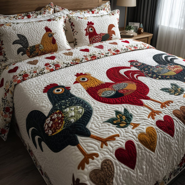 Funky Chicken quilted 3-piece bedding set on a made bed with two matching pillow shams