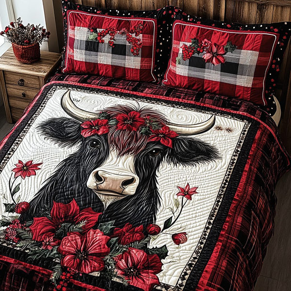 Funky Cow quilted 3-piece bedding set on a made bed with two matching pillow shams