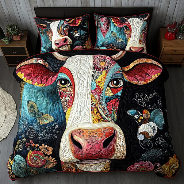 Funky Farmyard quilted 3-piece bedding set on a made bed with two matching pillow shams