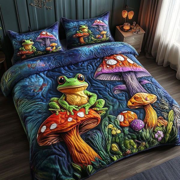 Funky Frogs quilted 3-piece bedding set on a made bed with two matching pillow shams