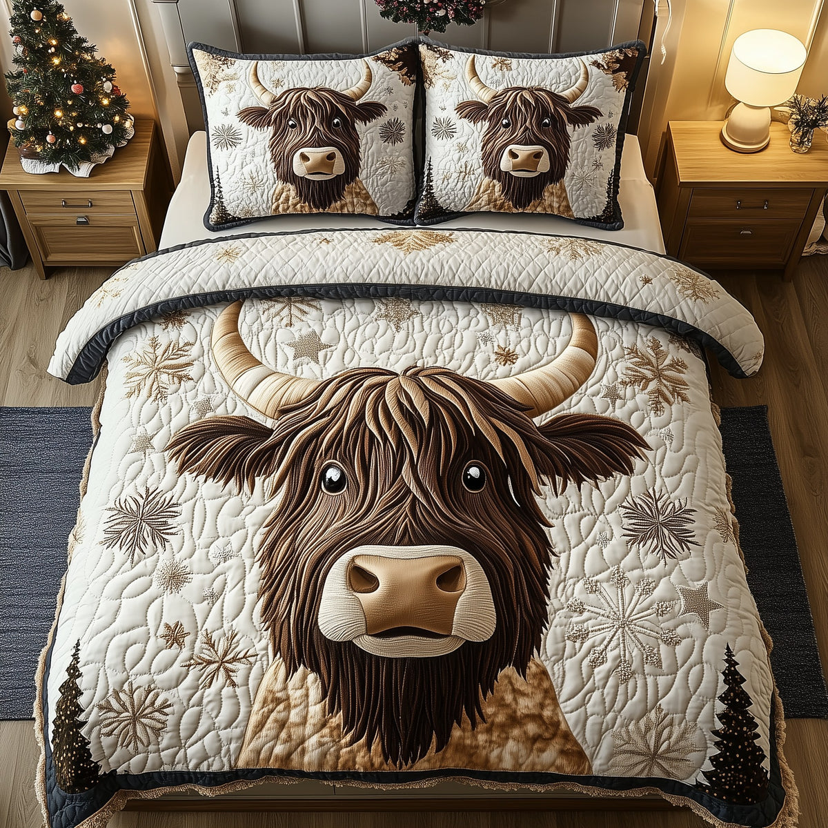 Funky Highland Cow quilted 3-piece bedding set on a made bed with two matching pillow shams