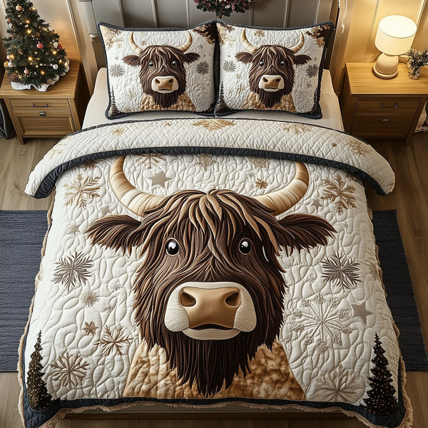Funky Highland Cow quilted 3-piece bedding set on a made bed with two matching pillow shams