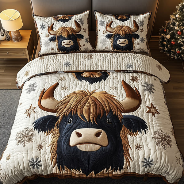 Funky Highland Cow quilted 3-piece bedding set on a made bed with two matching pillow shams