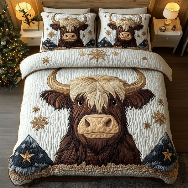 Funky Highland Cow quilted 3-piece bedding set on a made bed with two matching pillow shams