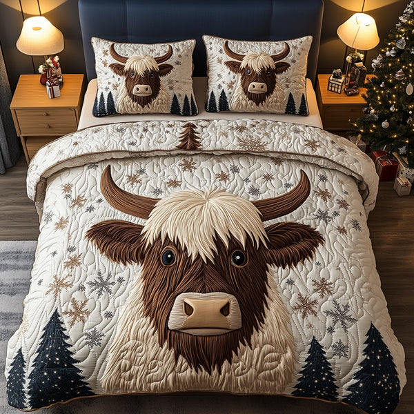 Funky Highland Cow quilted 3-piece bedding set on a made bed with two matching pillow shams