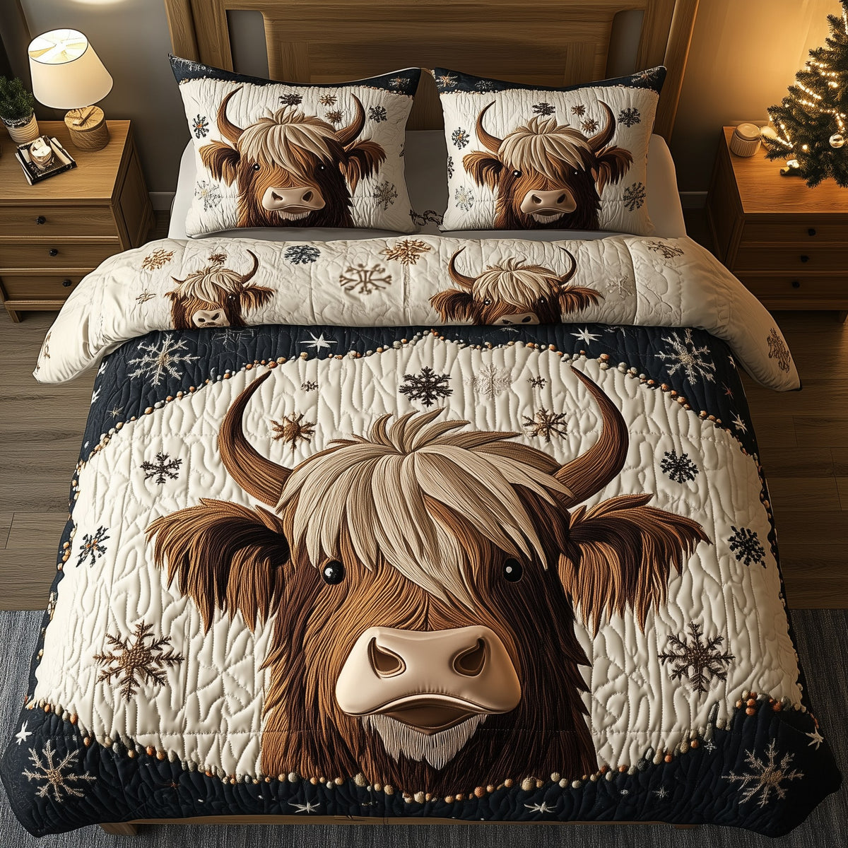Funky Highland Cow quilted 3-piece bedding set on a made bed with two matching pillow shams