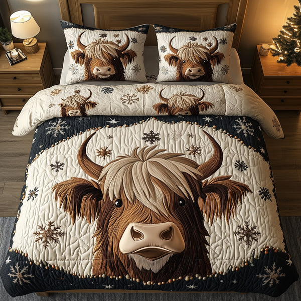 Funky Highland Cow quilted 3-piece bedding set on a made bed with two matching pillow shams