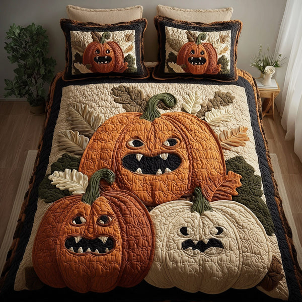 Funky Pumpkin quilted 3-piece bedding set on a made bed against a dark styled interior
