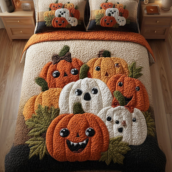Funky Pumpkin quilted 3-piece bedding set on a made bed against a dark styled interior