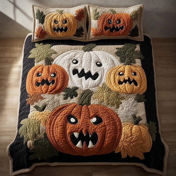 Funky Pumpkin quilted 3-piece bedding set on a made bed against a dark styled interior