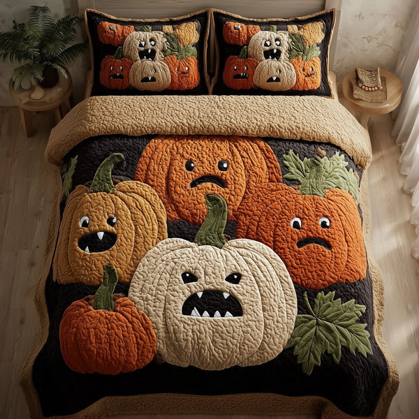 Funky Pumpkin quilted 3-piece bedding set on a made bed against a dark styled interior