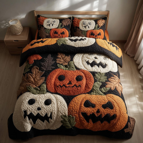 Funky Pumpkin quilted 3-piece bedding set on a made bed against a dark styled interior