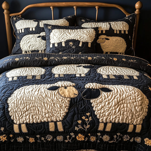 Funky Sheep quilted 3-piece bedding set on a made bed with two matching pillow shams