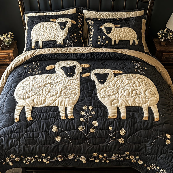 Funky Sheep quilted 3-piece bedding set on a made bed with two matching pillow shams