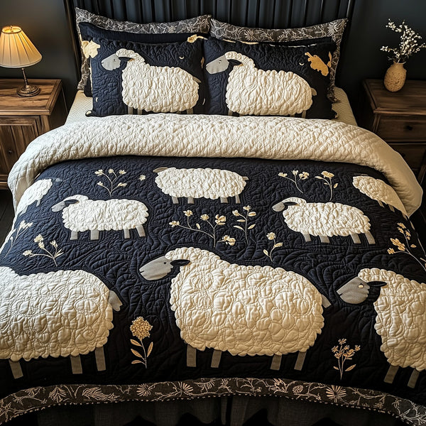 Funky Sheep quilted 3-piece bedding set on a made bed with two matching pillow shams