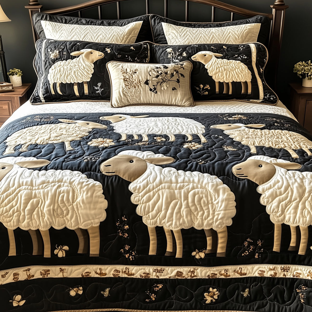Funky Sheep quilted 3-piece bedding set on a made bed with two matching pillow shams
