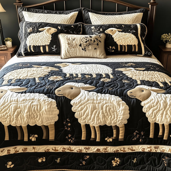 Funky Sheep quilted 3-piece bedding set on a made bed with two matching pillow shams