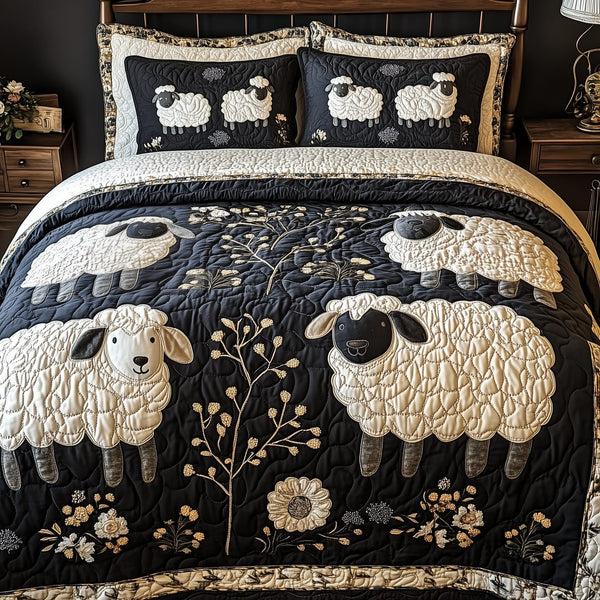 Funky Sheep quilted 3-piece bedding set on a made bed with two matching pillow shams