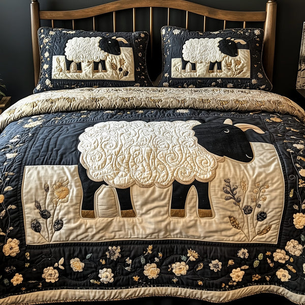 Funky Sheep quilted 3-piece bedding set on a made bed with two matching pillow shams