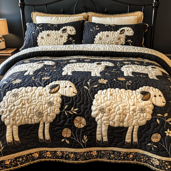 Funky Sheep quilted 3-piece bedding set on a made bed with two matching pillow shams