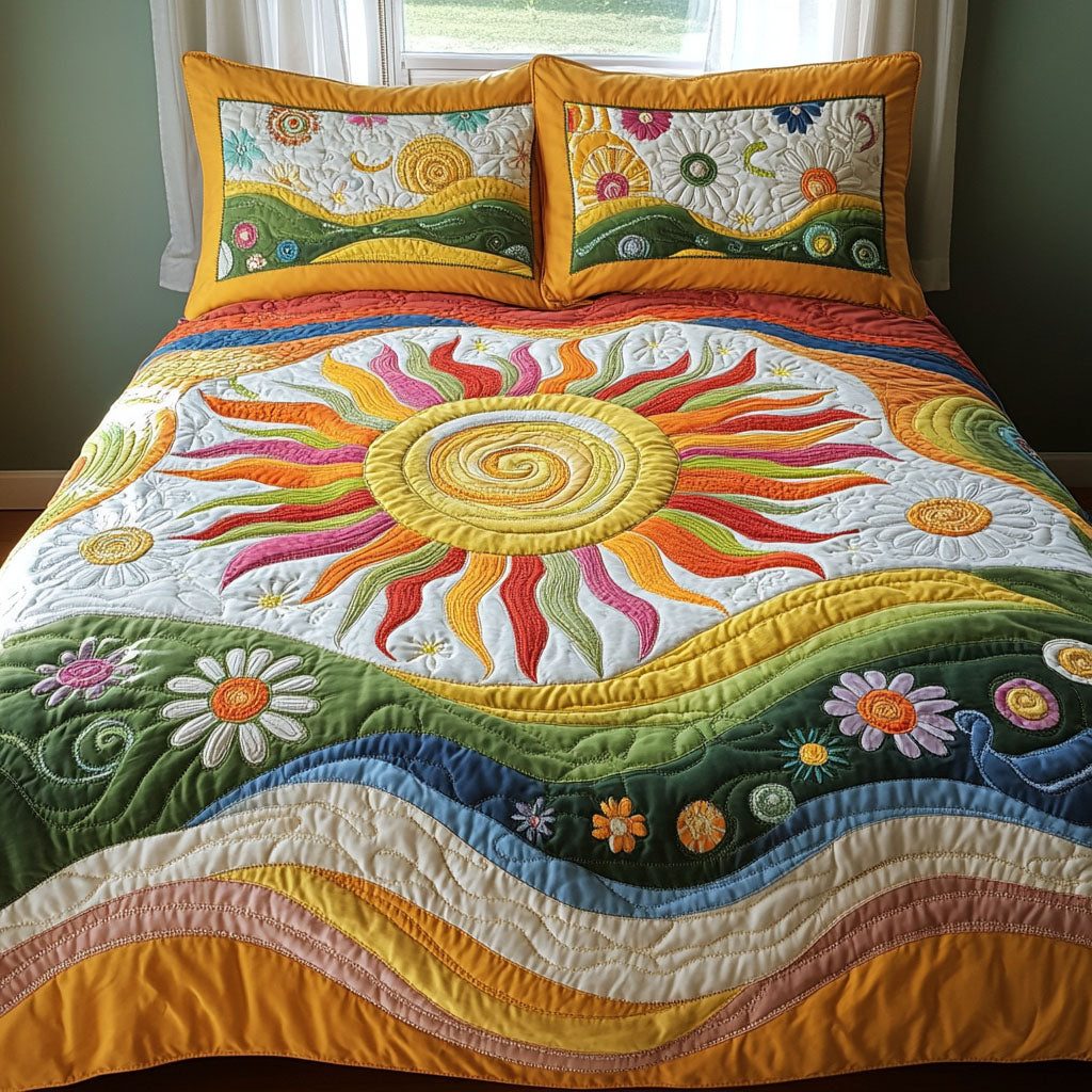 Funky Sunburst quilted 3-piece bedding set on a made bed with two matching pillow shams
