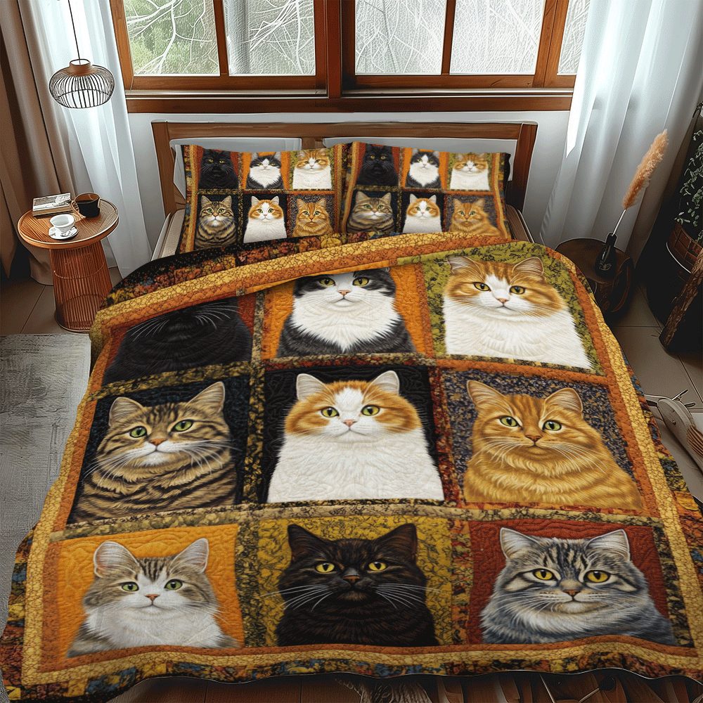 Funny Cat Patchwork quilted 3-piece bedding set on a made bed in a farmhouse bedroom