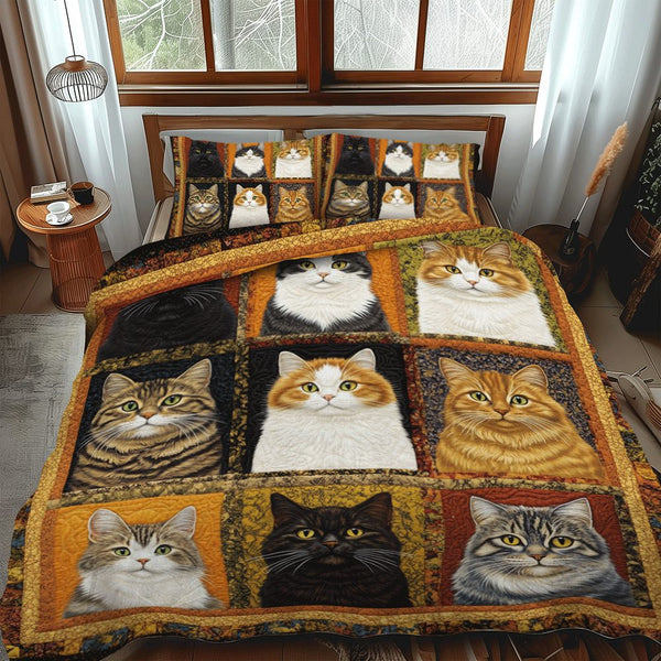 Funny Cat Patchwork quilted 3-piece bedding set on a made bed in a farmhouse bedroom