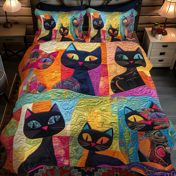 Funny Cat Patchwork quilted 3-piece bedding set on a made bed in a farmhouse bedroom