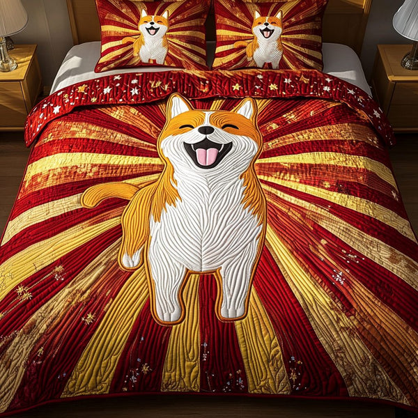 Furry Charm quilted 3-piece bedding set on a made bed with two matching pillow shams